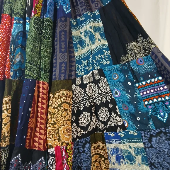 Womens Patchwork Long Maxi Peasant Skirt Boho Heavy Hippie Gypsy Colorful - Picture 2 of 10